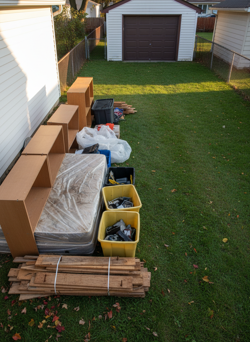 The side yard of a Chicago-area rental property mid cleanout, with a clear visual contrast between a cluttered section and a freshly cleared, tidy area. On the left, an assortment of bulky waste—broken shelving, an old mattress wrapped in plastic, cracked plastic bins, and bundled scrap wood—waits in neat piles. On the right, the grass is visible and open, leading toward a simple detached garage. Soft golden hour light casts long, gentle shadows and brings out the textures of the materials. Shot from a slightly elevated angle with sharp focus, the photographic composition highlights the before-and-after effect in a calm, orderly, and professional way.