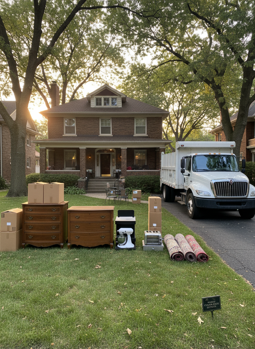 A wide-angle exterior view of a large, older two-story home in a leafy Chicago suburb undergoing an estate cleanout. The front lawn is dotted with orderly groupings of household items awaiting removal: vintage wooden dressers, carefully stacked boxes, small appliances, and rolled-up area rugs. A large junk hauling truck is parked in the driveway, its side panels clean and unbranded. Warm late-afternoon sunlight filters through mature trees, creating dappled patterns on the grass and a respectful, dignified mood. Photographic realism at eye level captures the entire property, focusing on neat organization and care, conveying professionalism and sensitivity for estate cleanout services.